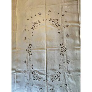 Madeira Tablecloth Beige Scalloped Edges & 8 Lighter Napkins 82x67 Linen Cutwork